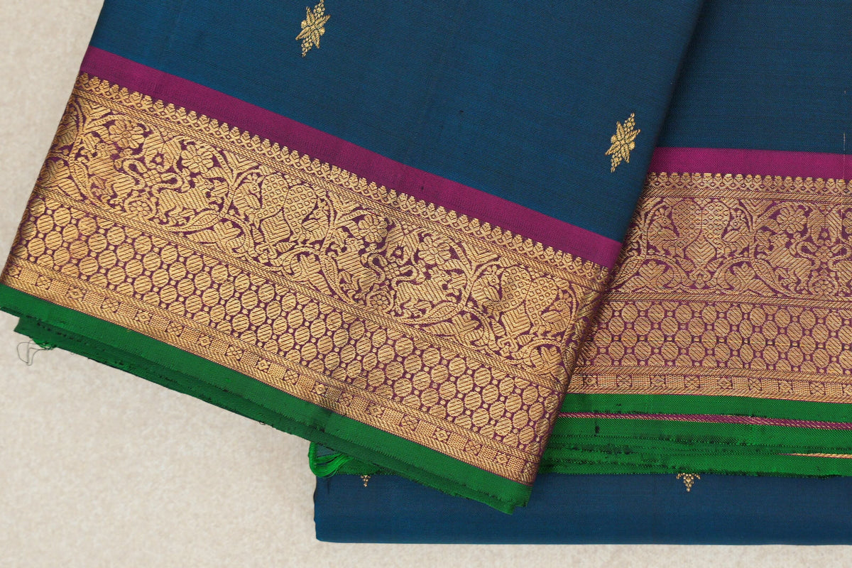 Teal Green with Deep Magenta Borders and Emerald Green Selvedge Vintage Kanjivaram Silk Saree by Shreenivas Silks PSSR0110199