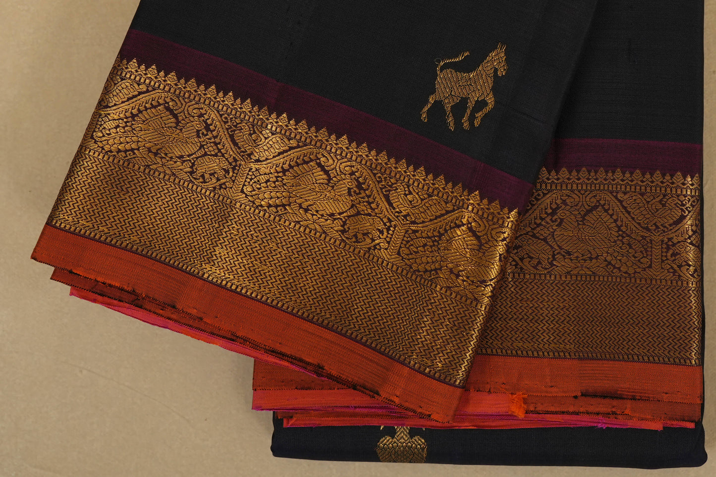 Deep Blue with Magenta Borders Vintage Kanjivaram Silk Saree by Shreenivas Silks PSSR018055 - Parisera