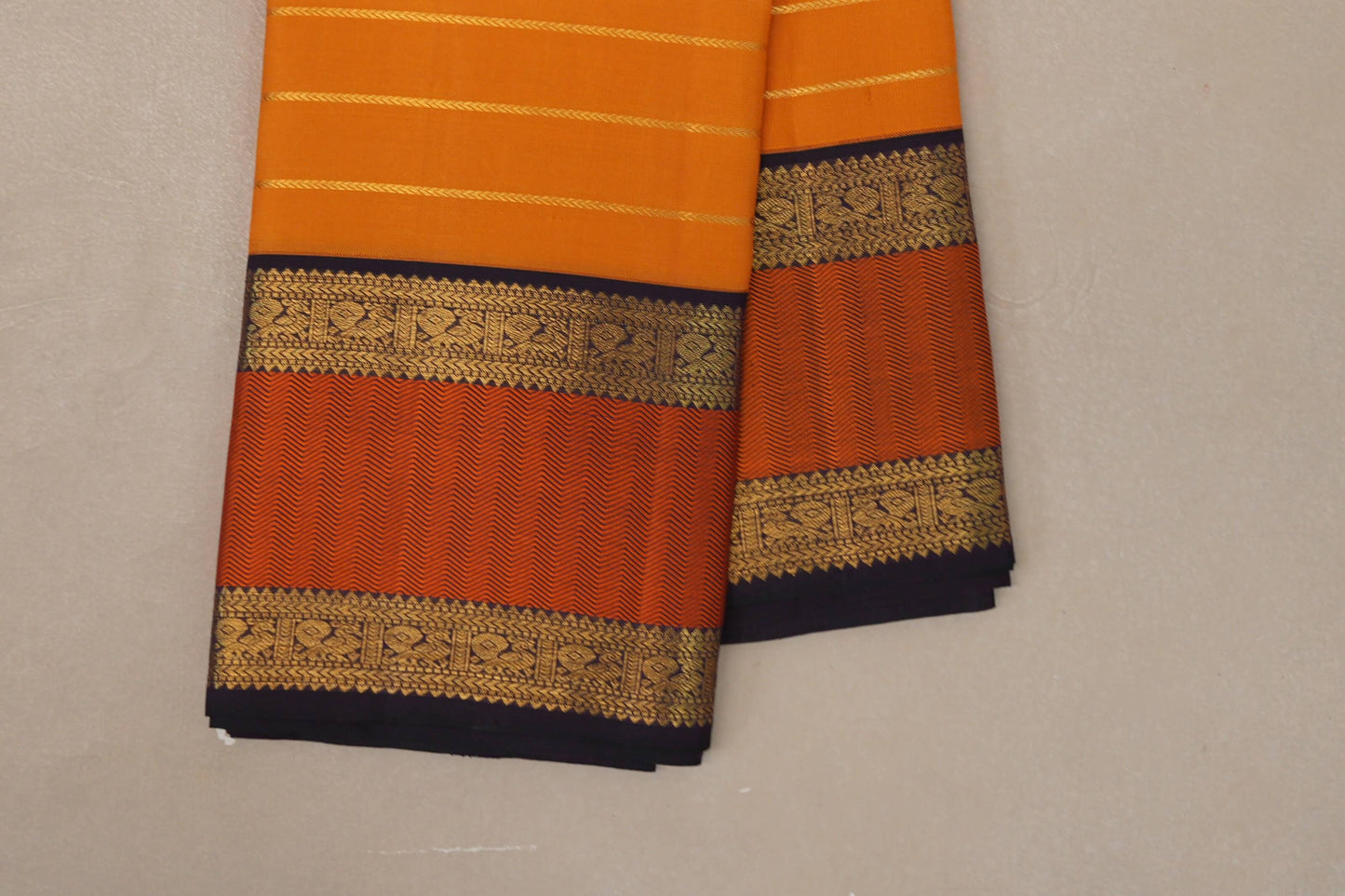 Bright Mango Orange with Deep Plum Borders Vintage Kanjivaram Silk Saree by Shreenivas Silks PSSR019074