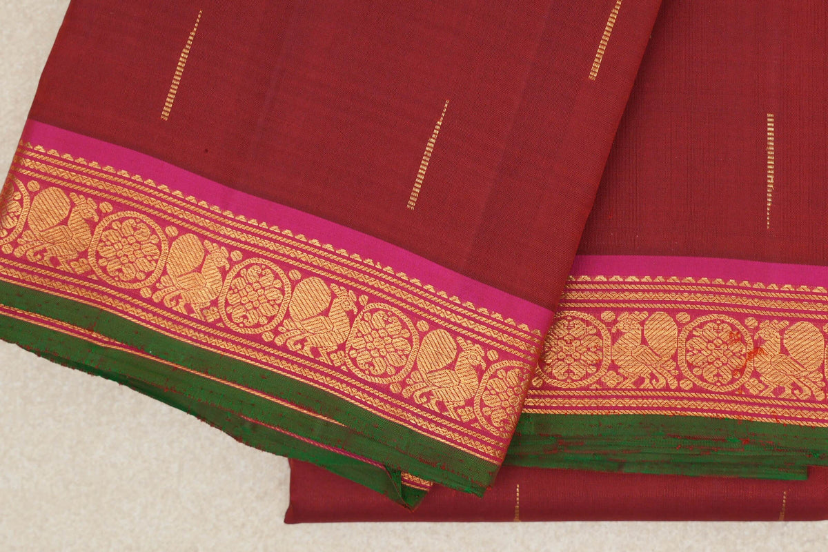 Brick Red with Pink Borders and Bottle Green Selvedge Vintage Kanjivaram Silk Saree PSSR0110205