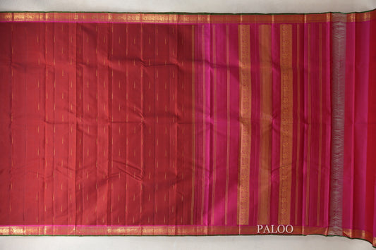 Brick Red with Pink Borders and Bottle Green Selvedge Vintage Kanjivaram Silk Saree PSSR0110205
