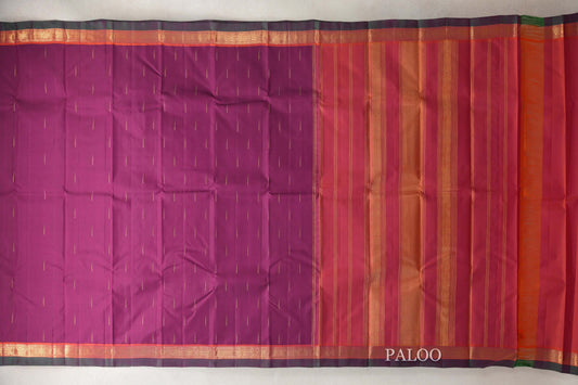 Deep Magenta with Deep Orange Borders and Deep Bottle Green Selvedge Vintage Kanjivaram Silk Saree PSSR0110206