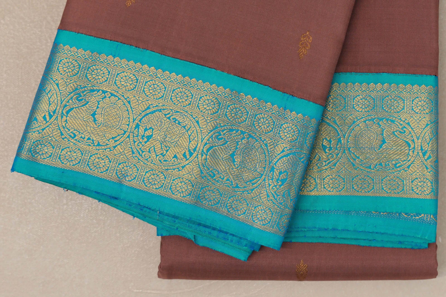 Earthy Brown with Aqua Blue Borders Vintage Kanjivaram Silk Saree by Shreenivas Silks PSSR019080