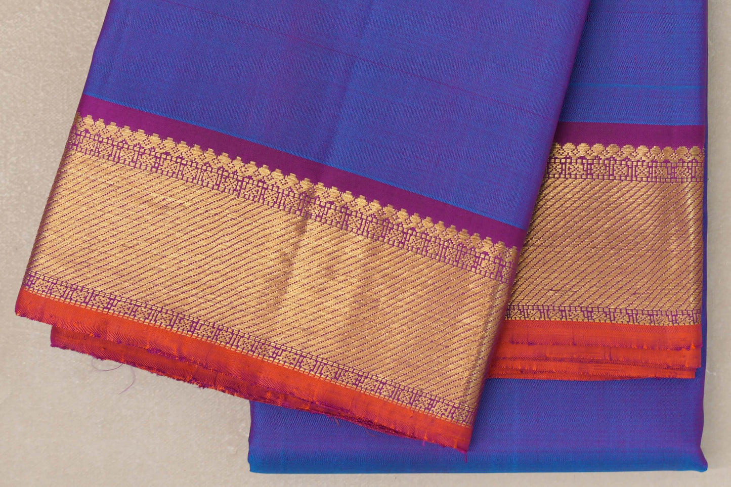 Dual Tone Blue and Purple with Magenta Borders and Orange Selvedge Vintage Kanjivaram Silk Saree by Shreenivas Silks PSSR019081