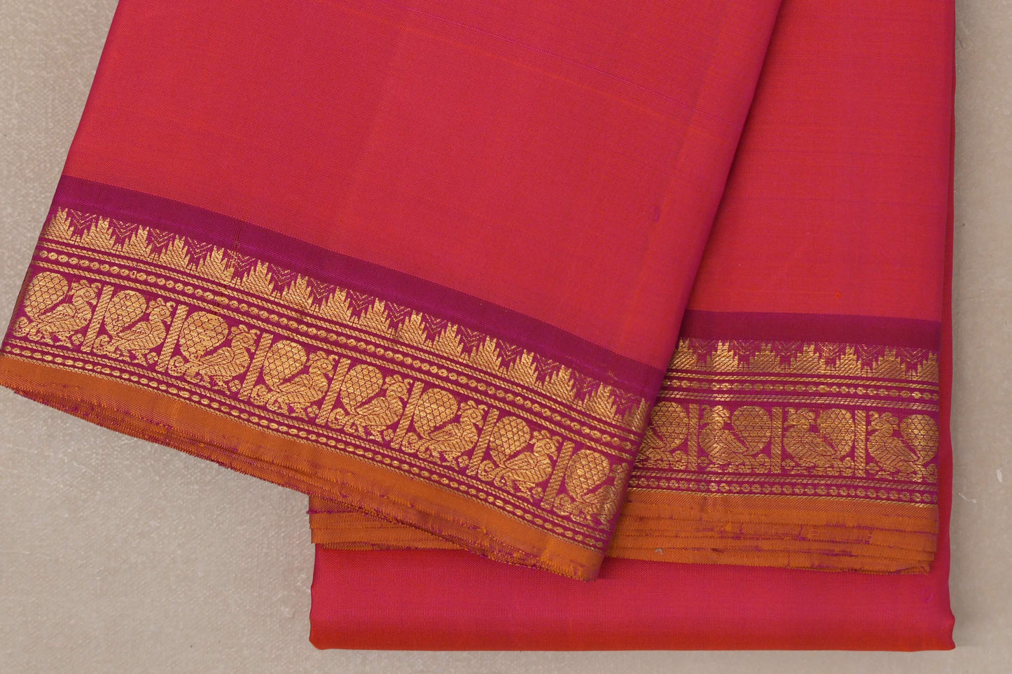 Orangish Pink with Bright Pink Borders and Mustard Selvedge Vintage Kanjivaram Silk Saree by Shreenivas Silks PSSR019082