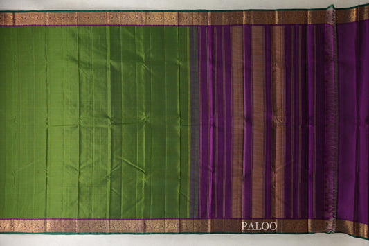Mehendi Green with Deep Magenta Borders and Dark Green Selvedge Vintage Kanjivaram Silk Saree paloo