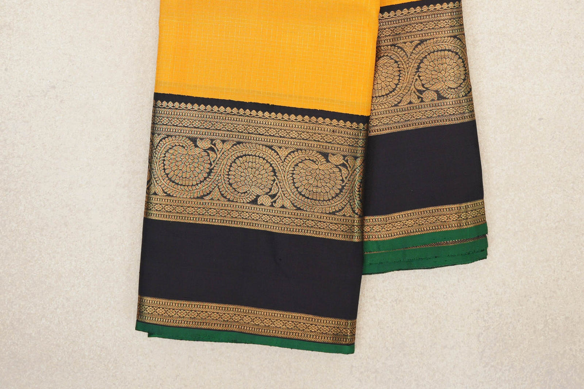 Mango Yellow with Black Rettai Pettu Borders with Bottle Green Selvedge Vintage Kanjivaram Silk Saree by Shreenivas Silks PSSR0110211