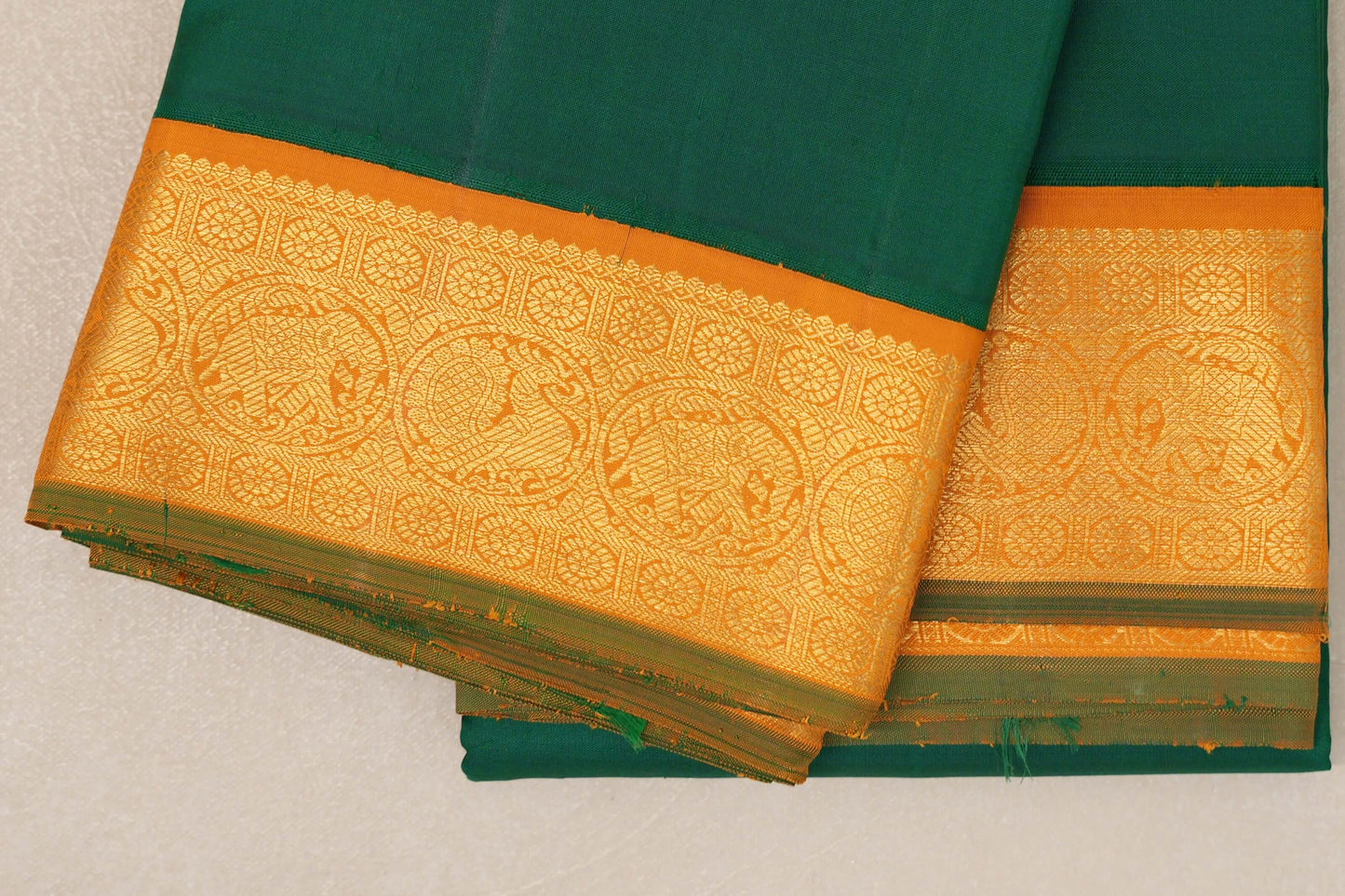 Bright Leaf Green with Mustard Orange Borders Vintage Kanjivaram Silk Saree by Shreenivas Silks PSSR019083