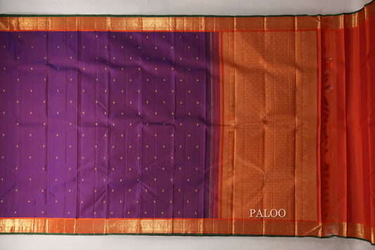 Dual Tone Blue and Orange with Bright Orange Borders and Dark Green Selvedge Vintage Kanjivaram Silk Saree by Shreenivas Silks PSSR019085
