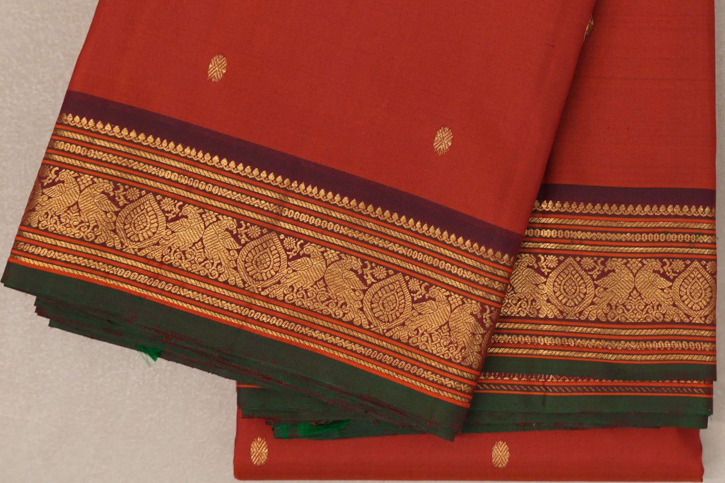 Rust Orange with Deep Maroon Borders and Dark Green Selvedge Vintage Kanjivaram Silk Saree by Shreenivas Silks PSSR019086