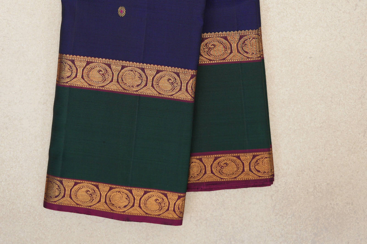 Deep Blue with Deep Magenta and Green Rettai Pettu Borders Vintage Kanjivaram Silk Saree by Shreenivas Silks PSSR0110215