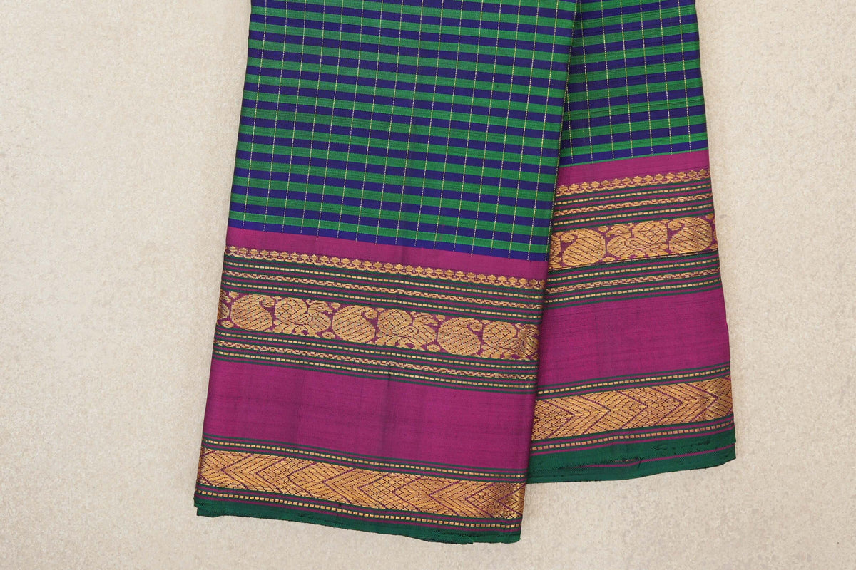 Deep Blue with Green Stripes with Deep Magenta Borders with Green Selvedge Vintage Kanjivaram Silk Saree by Shreenivas Silks PSSR0110217