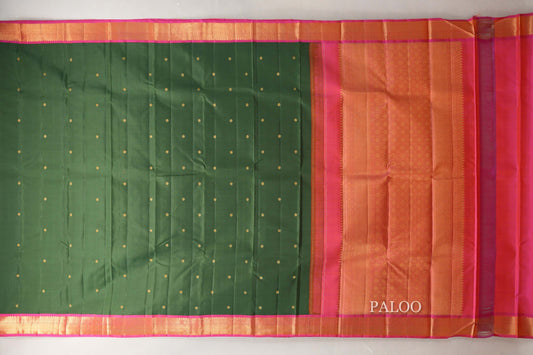 Dark Moss Green with Bright Pink Borders Vintage Kanjivaram Silk Saree by Shreenivas Silks PSSR019088