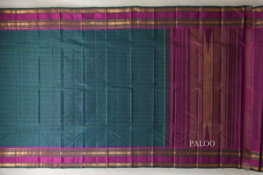Deep Blue with Green Stripes Vintage Kanjivaram Silk Saree paloo