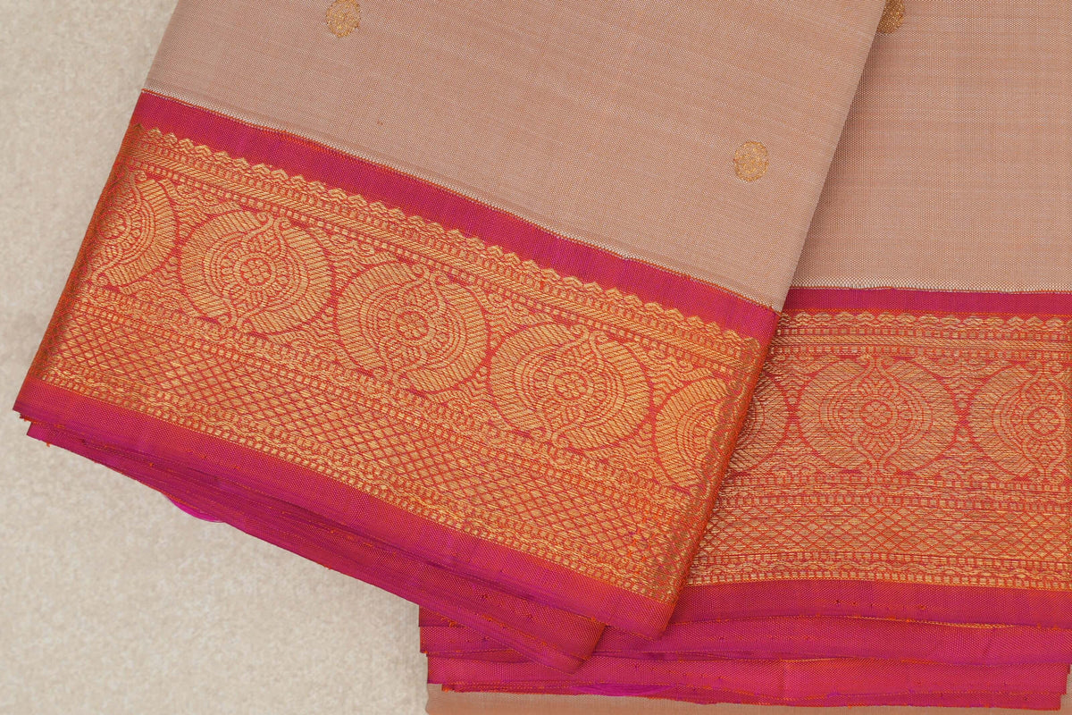 Sandal Beige with Orangish Pink Borders Vintage Kanjivaram Silk Saree by Shreenivas Silks PSSR0110221