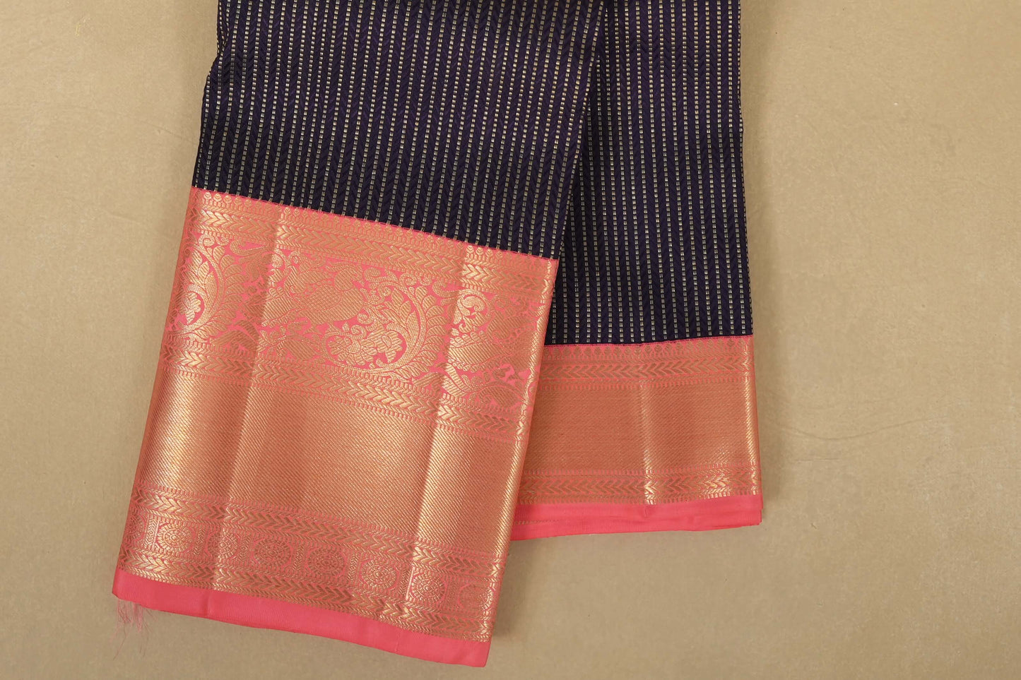 Navy Blue with Peach Borders Kanjivaram Silk Saree by Shreenivas Silks PSSR018080
