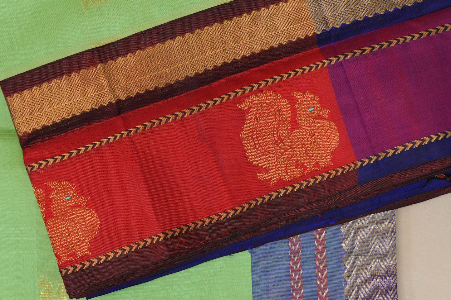 Pastel Green with Bright Red Borders Vintage Silk Cotton Saree by Shreenivas Silks PSSR019116