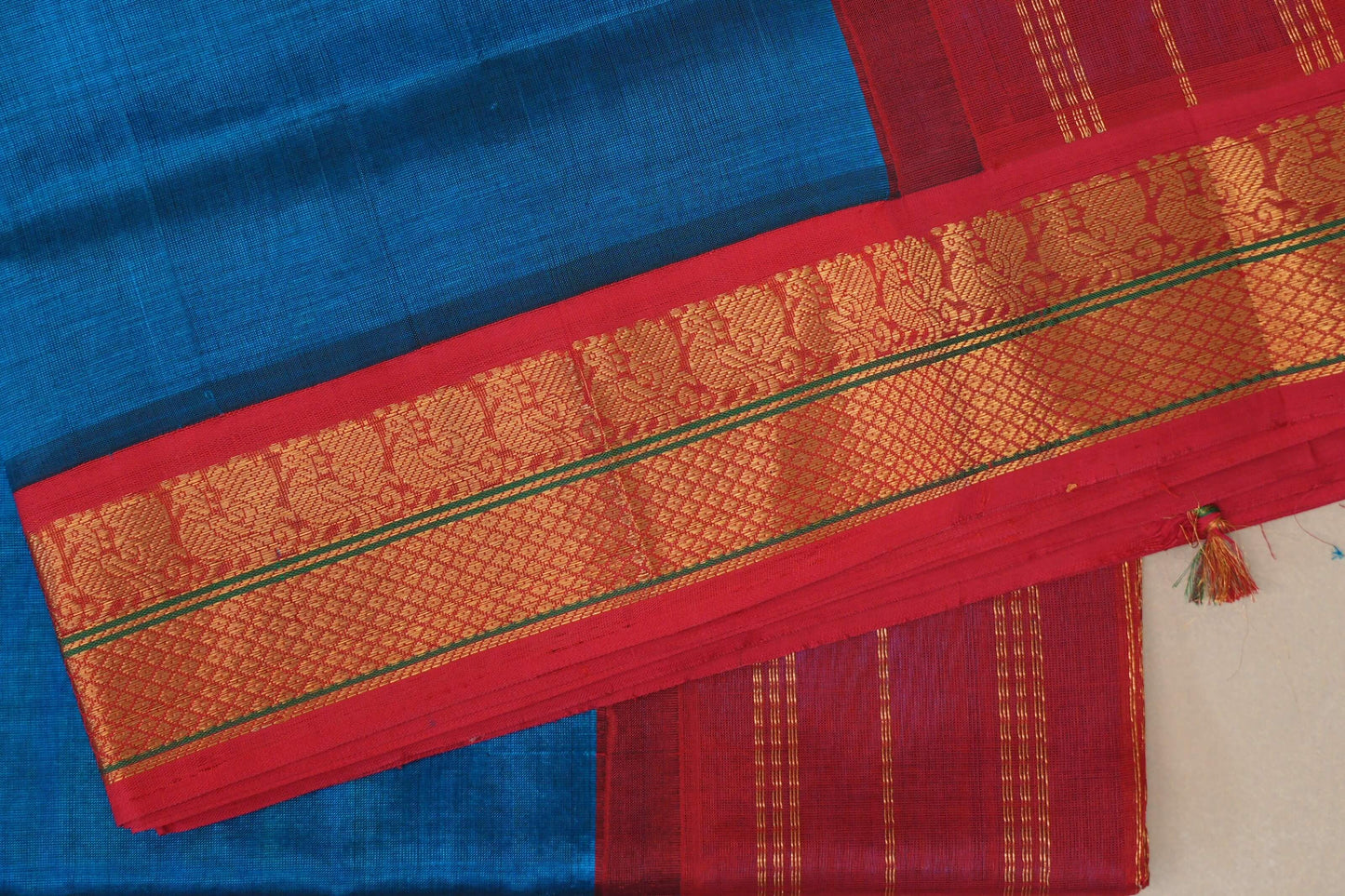 Sapphire Blue with Bright Reddish Pink Borders Vintage Silk Cotton Saree by Shreenivas Silks PSSR019117