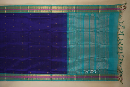 Dark Blue with Rama Blue Borders Silk Cotton Saree paloo