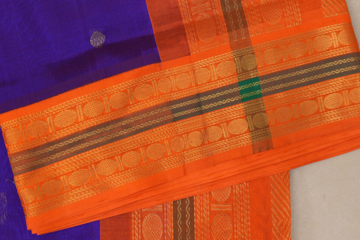 Indigo Violet with Bright Orange Borders Vintage Silk Cotton Saree by Shreenivas Silks PSSR019119