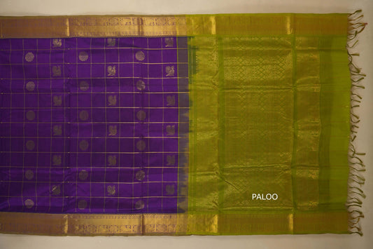 Purple and green saree with gold border on a white background, silk cotton , nine and a half yards saree, with open paloo