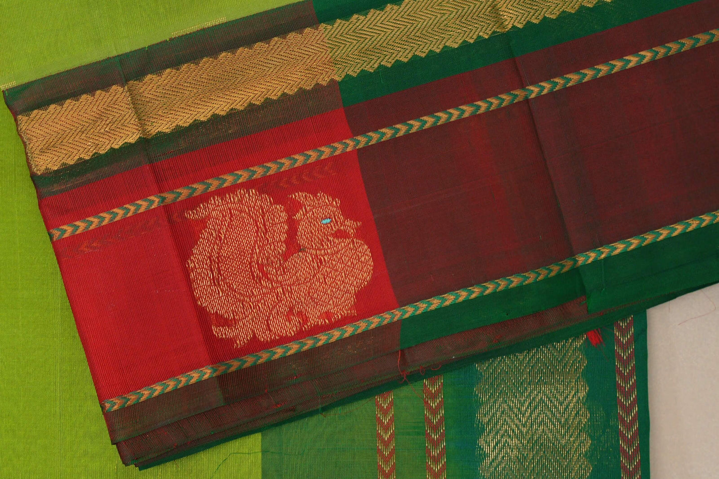 Parrot Green with Bright Red Borders Vintage Silk Cotton Saree by Shreenivas Silks PSSR019120