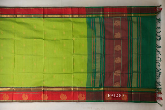 Parrot Green with Bright Red Borders Vintage Silk Cotton Saree by Shreenivas Silks PSSR019120 - Parisera