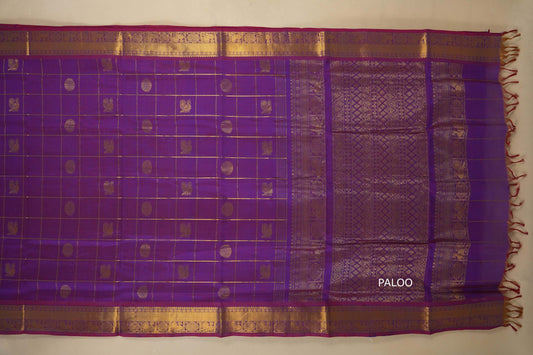 Purple saree with gold patterns and a silk cotton , nine and a half yards saree, with open paloo