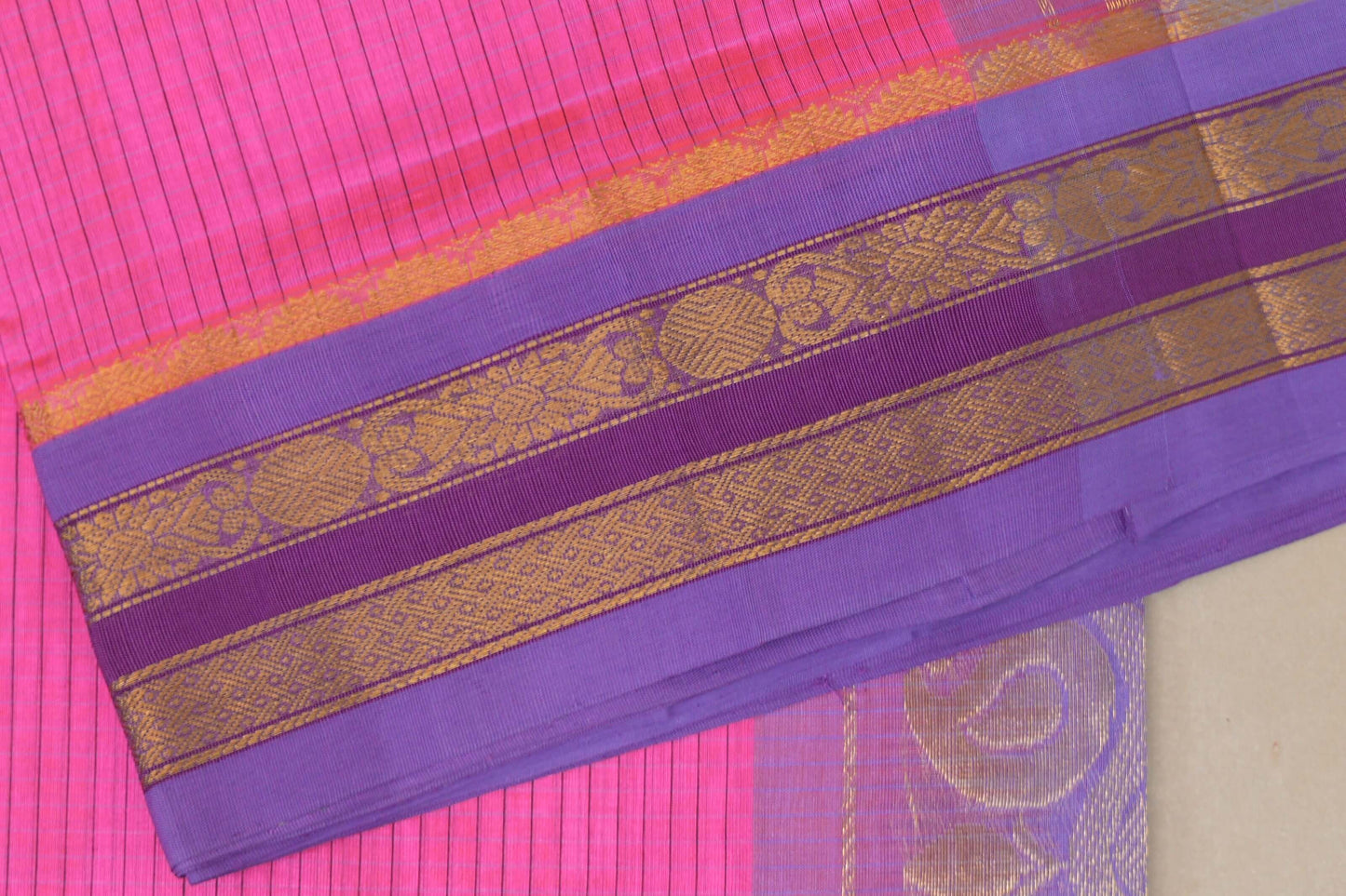 Deep Pink with Lavender Borders Vintage Silk Cotton Saree by Shreenivas Silks PSSR019121