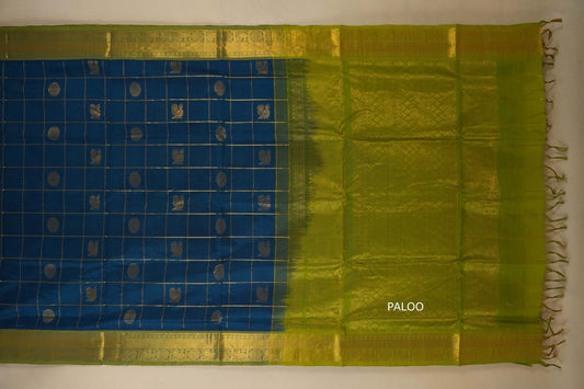 Saree with blue and green pattern on a white background, silk cotton , nine and a half yards saree, with open paloo