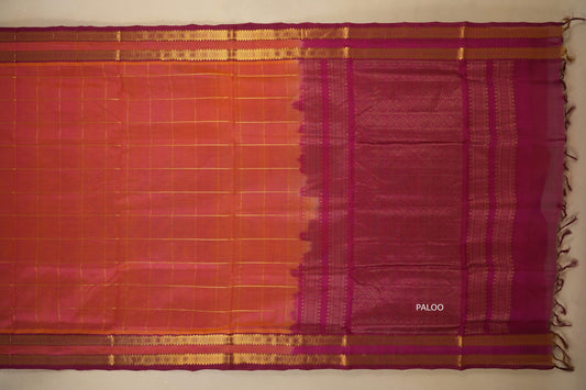 orange and pink dual tone saree, silk cotton , nine and a half yards saree, with open paloo