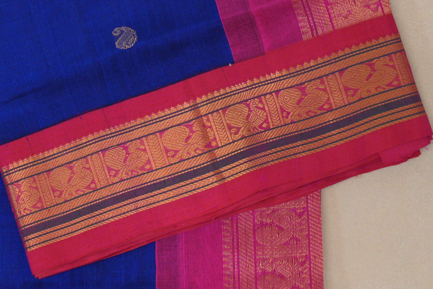 Deep Blue with Bright Pink Borders Vintage Silk Cotton Saree by Shreenivas Silks PSSR019122