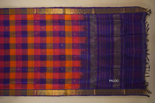 Colorful checkered fabric with a blue border and open paloo, silk cotton , nine and a half yards saree