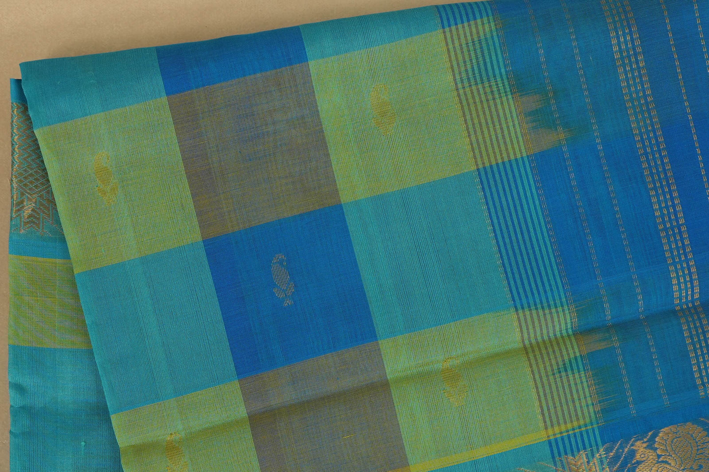 Blue and green checkered saree with a subtle motif, silk cotton , nine and a half yards saree , close up
