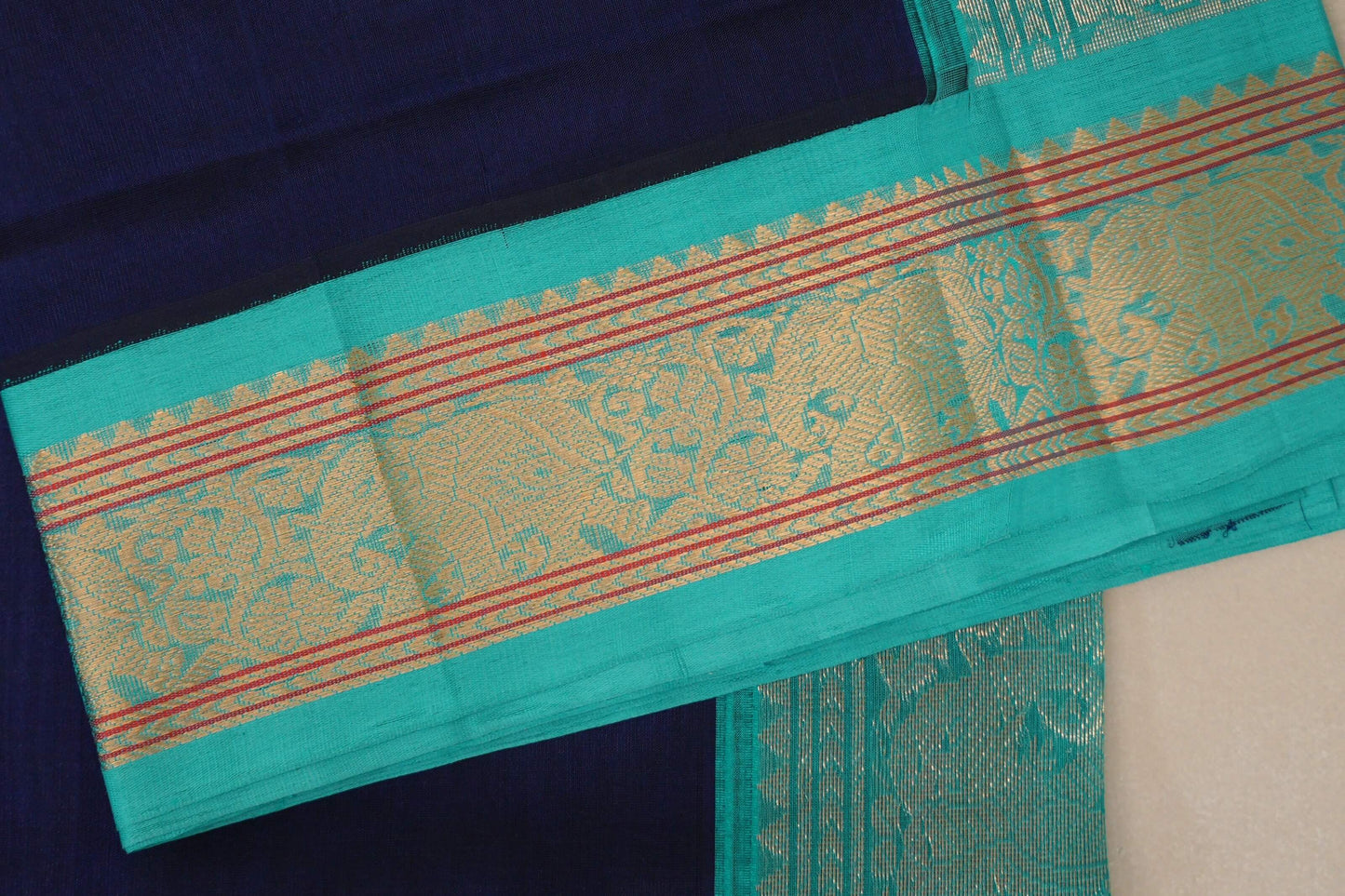 Deep Navy Blue with Aqua Blue Borders Vintage Silk Cotton Saree by Shreenivas Silks PSSR019125