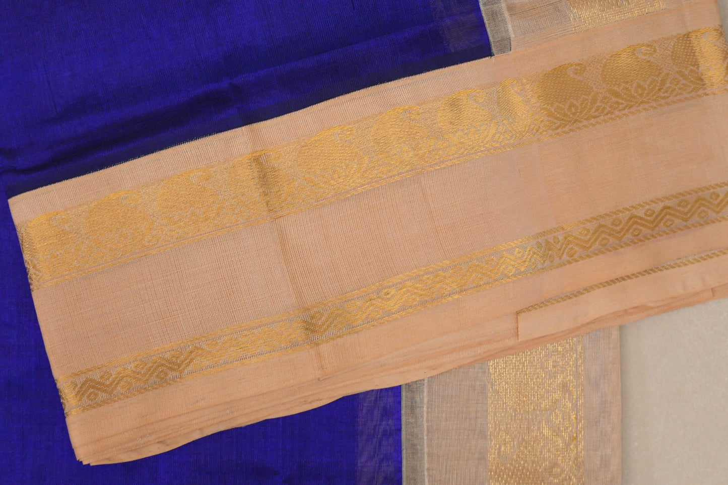 Royal Blue with Sandal Borders Vintage Silk Cotton Saree by Shreenivas Silks PSSR019127