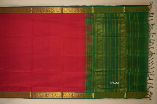 Red and green saree with gold border and green plaoo, silk cotton , nine and a half yards saree