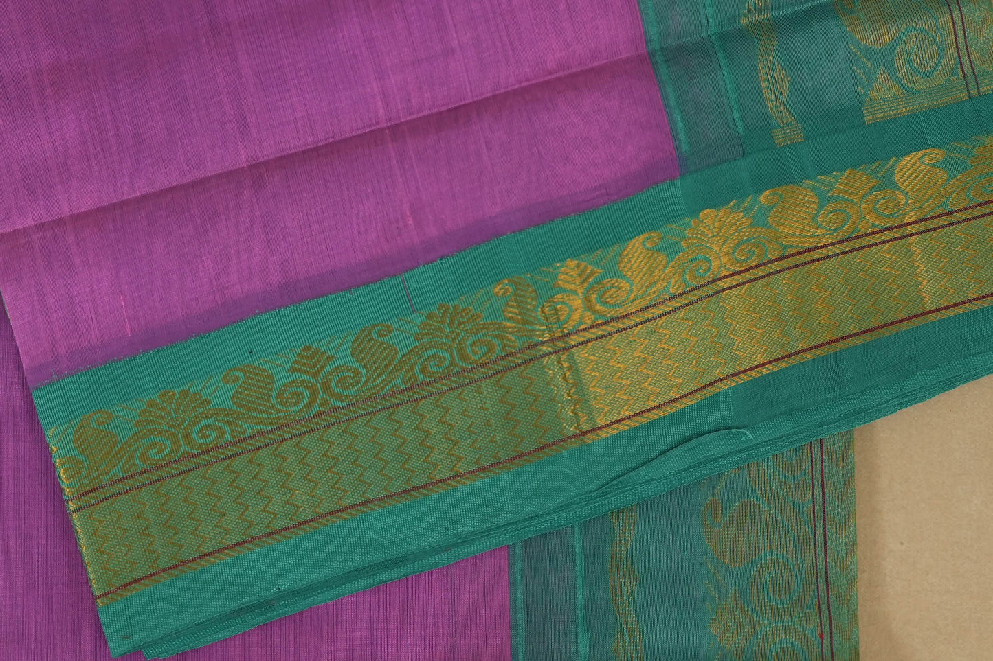 Purple and teal saree with a decorative border,silk cotton , nine and a half yards saree