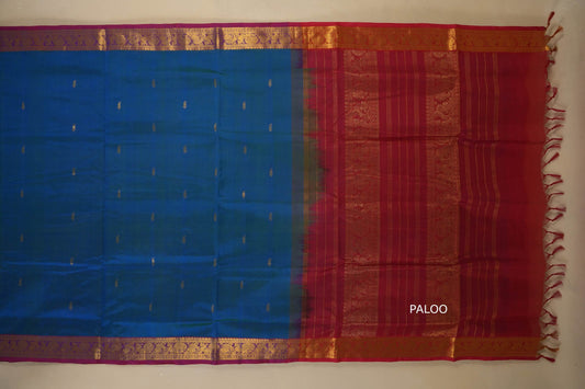 Blue and red saree with a gold border with paloo, silk cotton, nine and a half yards,