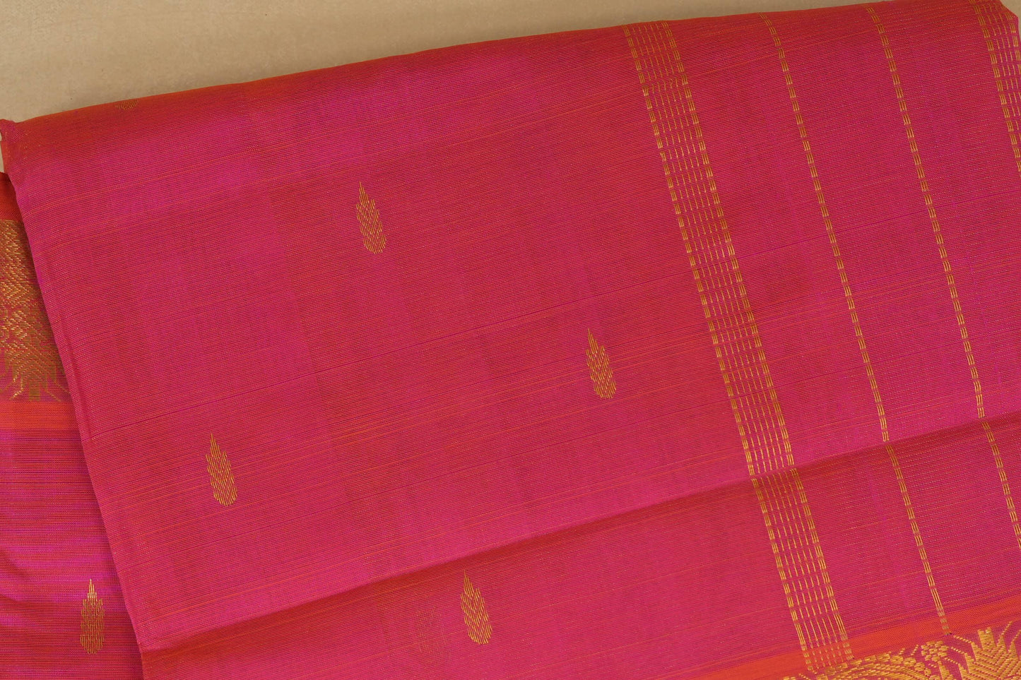Pink saree with gold patterns, silk cotton, nine and a half yards, close up
