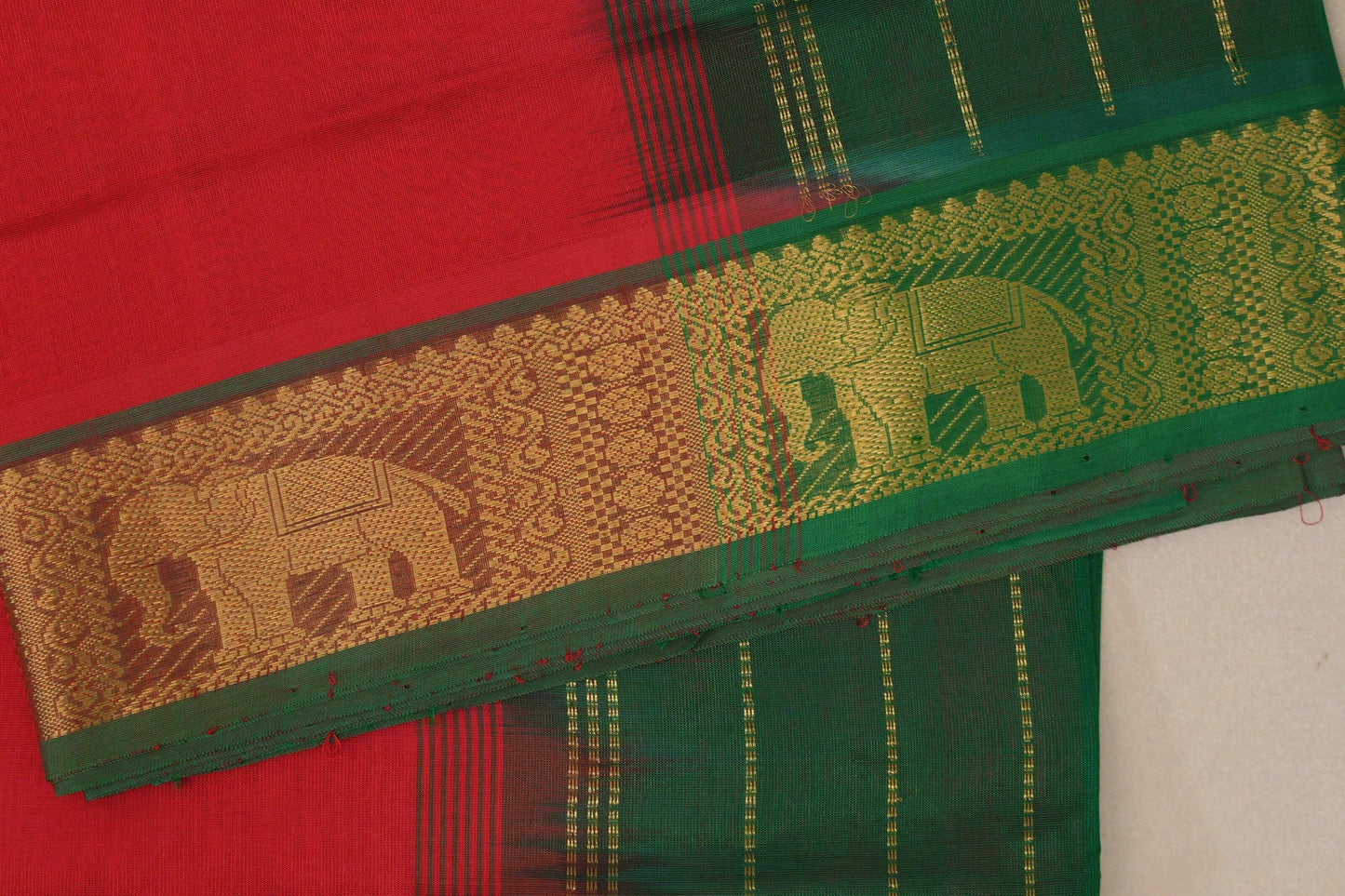 Bright Red Vintage Silk Cotton Saree border zoom