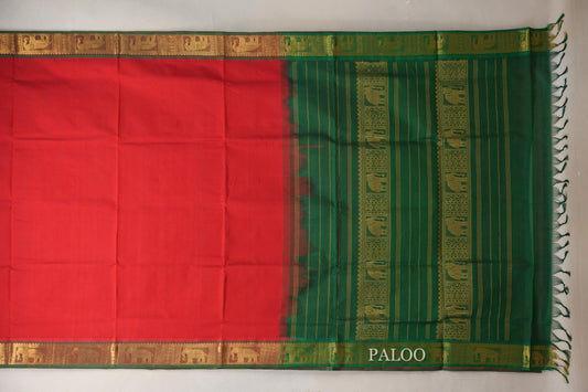 Bright Red Vintage Silk Cotton Saree paloo