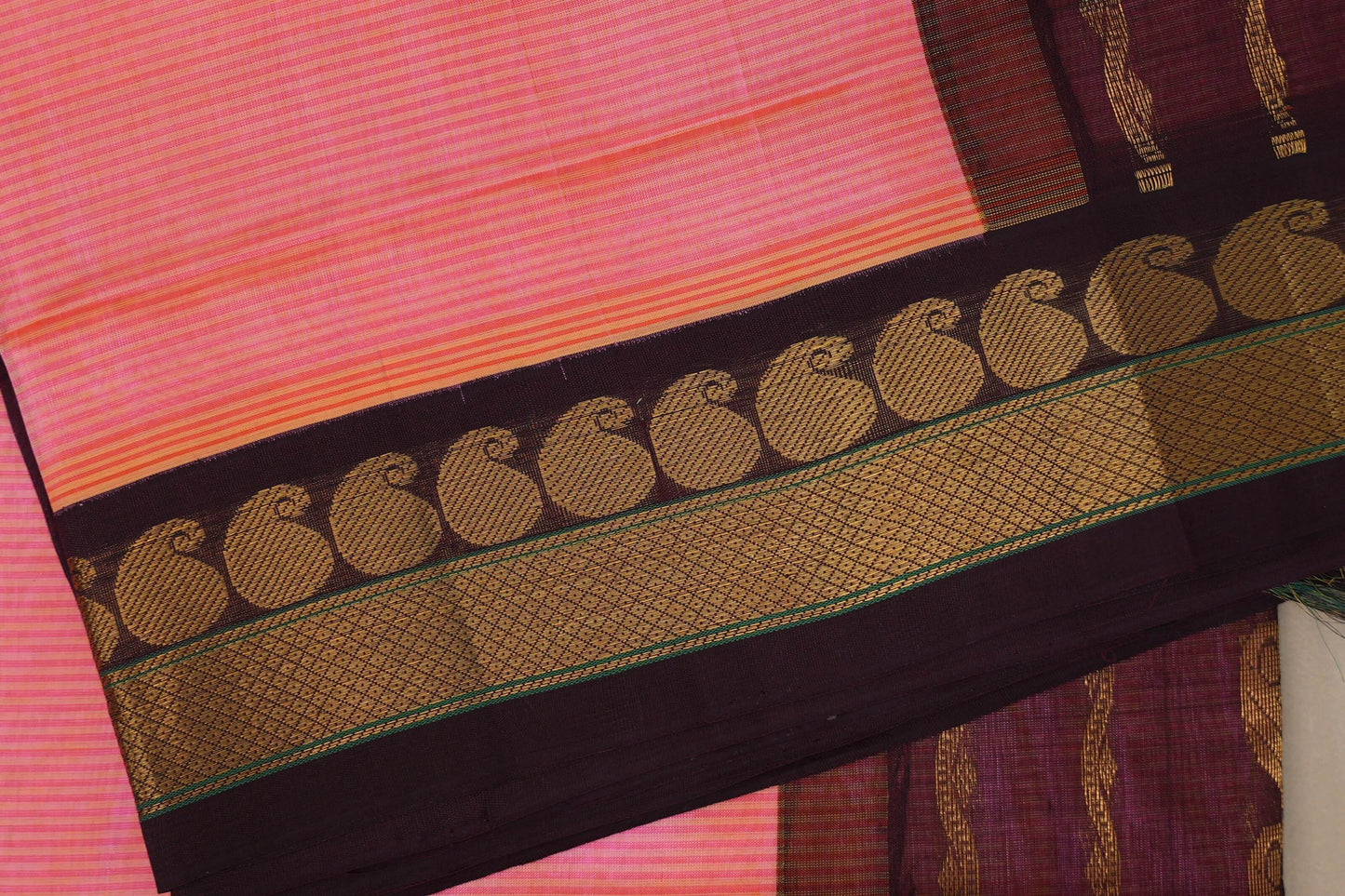 Peach pink with Deep plum Nine And A Half Yards Silk Cotton Saree by Shreenivas silks PSSR019147
