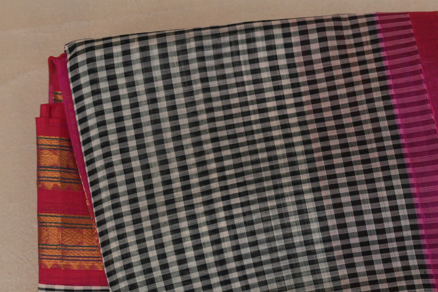 Black and White Checks with Bright pink Nine And A Half Yards Silk Cotton Saree by Shreenivas silks PSSR019149