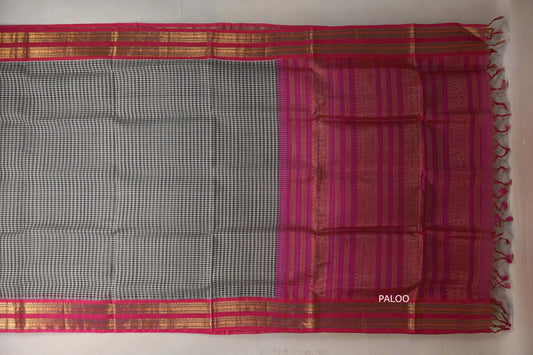 Black and White Checks with Bright pink Nine And A Half Yards Silk Cotton Saree by Shreenivas silks PSSR019149 - Parisera