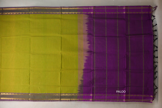 Yellowish Green with purple borders Nine And A Half Yards Silk Cotton Saree by Shreenivas silks PSSR019162 - Parisera