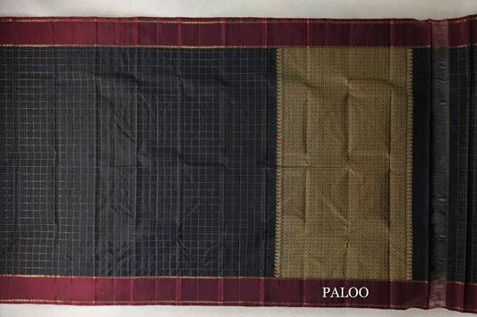 Jet Black with Deep Maroon Rettai Pettu Borders Vintage Kanjivaram Silk Saree by Shreenivas Silks PSSR0110279 - Parisera