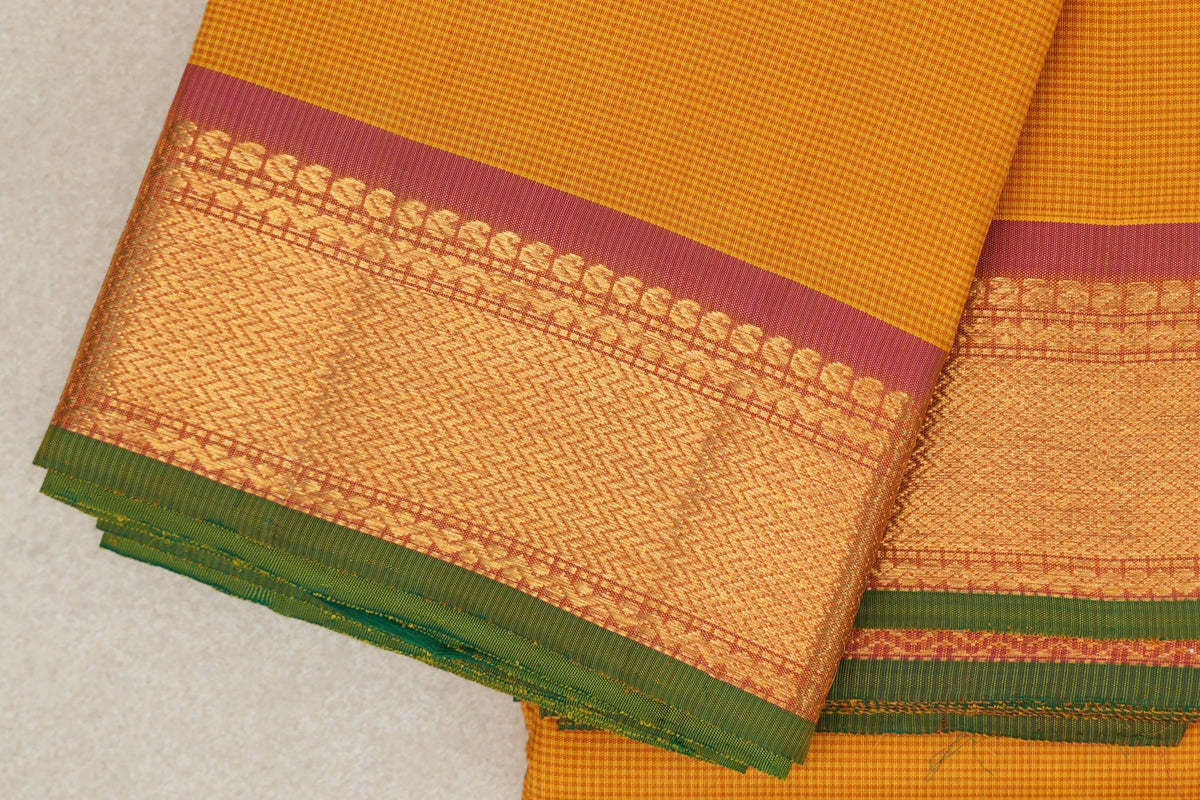 Mango Orange with Magenta Pink Borders with Leaf Green Selvedge Vintage Kanjivaram Silk Saree by Shreenivas Silks PSSR0110284