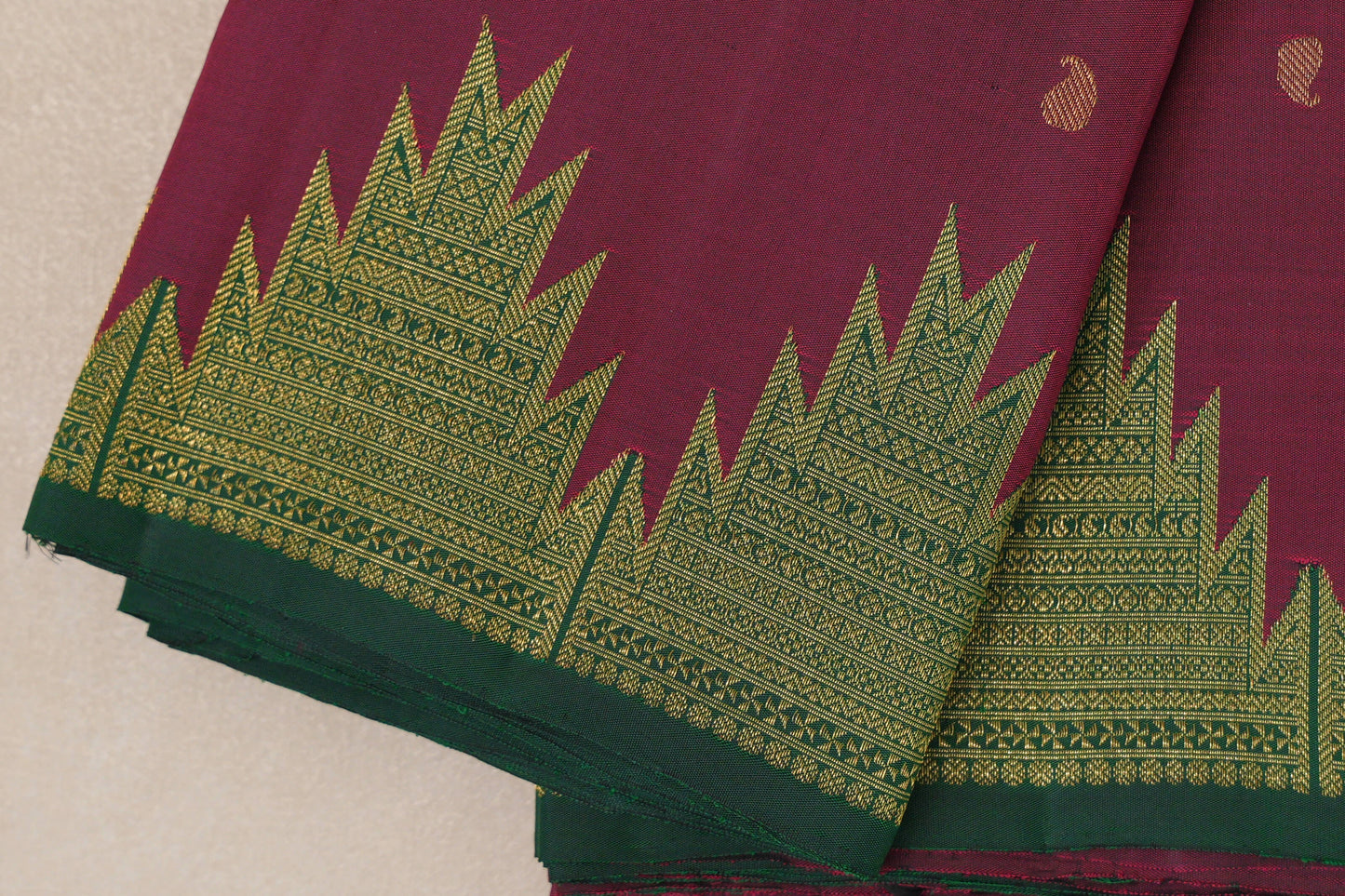 Deep Magenta with Deep Bottle Green Temple Borders Vintage Kanjivaram Silk Saree by Shreenivas Silks PSSR019173