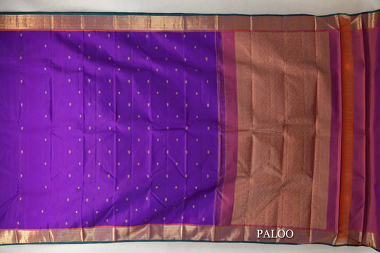 Dark Violet Purple with Deep Orange Borders with Dark Bottle Green Selvedge Vintage Kanjivaram Silk Saree by Shreenivas Silks paloo